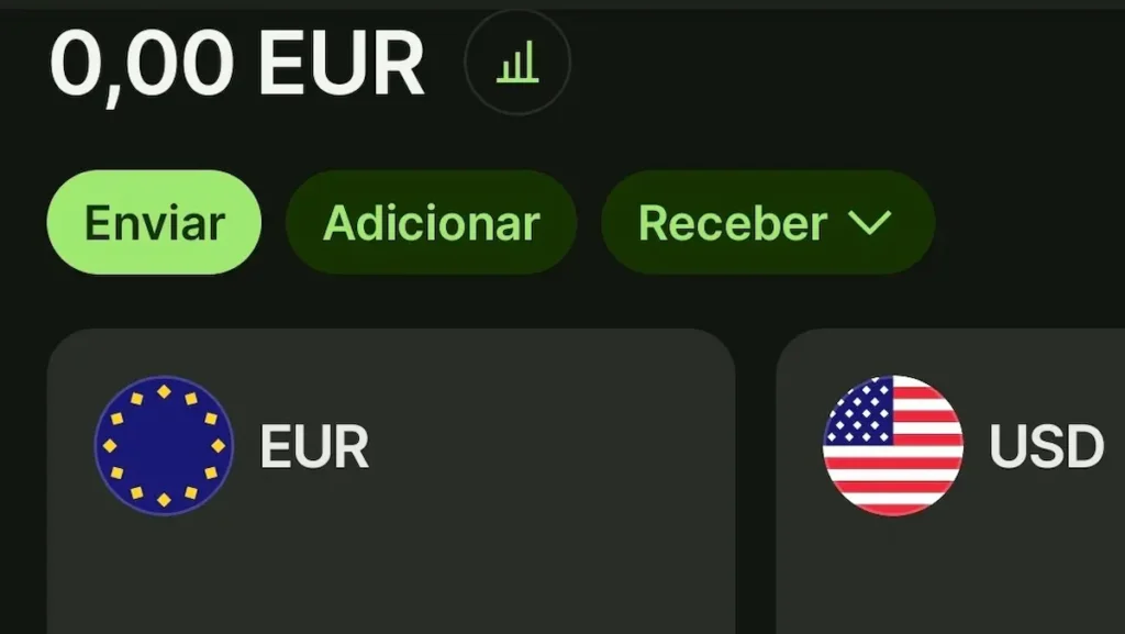 Aplicativo Wise mostrando conta em euro e dólar para transferências internacionais.