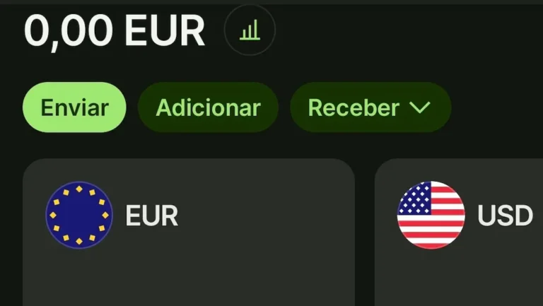 Aplicativo Wise mostrando conta em euro e dólar para transferências internacionais.