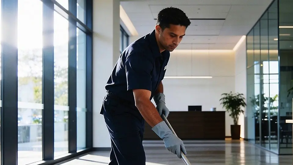 Homem limpando o chão em área interna de um hotel durante trabalho de limpeza