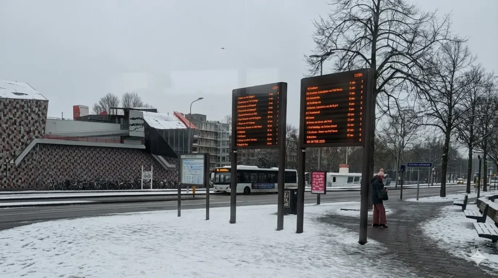 Estação de Groningen sob céu cinzento e neve, ilustrando a realidade de morar na Holanda em 2026.